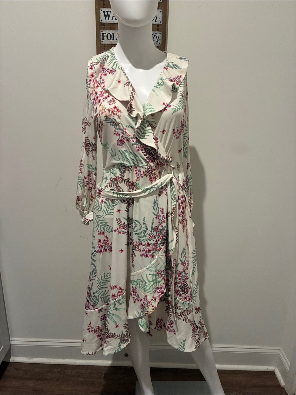 Hale Bob Cream Midi Wrap Dress with Pink & Green Floral